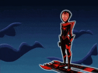 a cartoon character is standing next to a cartoon character in a red suit .