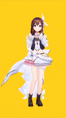 a girl in a white dress and black boots is standing in front of a yellow background