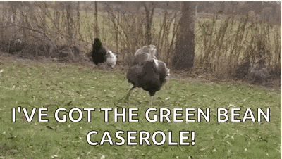 a turkey is standing in a field with a squirrel on its back .