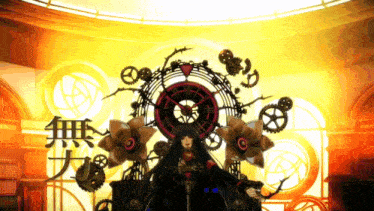 a woman in a black dress stands in front of a clock surrounded by gears
