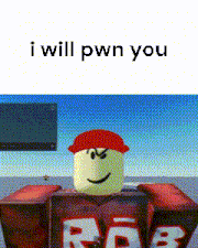 a roblox character is wearing a red hat and a red shirt and says `` i will pwn you '' .