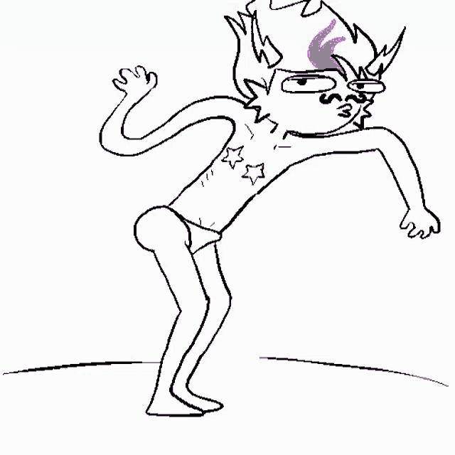 a black and white drawing of a cartoon character with purple hair and stars on his body .