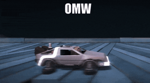 a back to the future car with the word omw on the bottom right