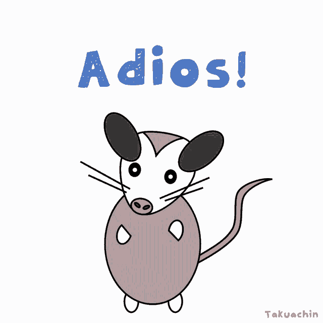 a cartoon drawing of an opossum with the words adios below it