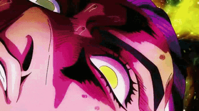 a close up of a person 's face in a cartoon with a purple hair and yellow eyes .