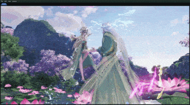 a screenshot of a video game shows a woman in a green dress surrounded by pink flowers