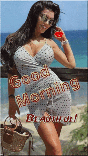 a woman in a polka dot dress is holding a lollipop and says good morning beautiful