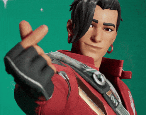 a man in a red jacket and black gloves is making a peace sign