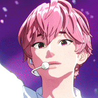 a close up of a person with pink hair wearing a microphone .