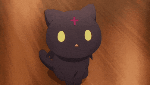 a black cat with a cross on its head and the word meow on the bottom