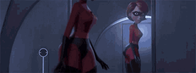 a cartoon character is standing in front of a mirror and looking at herself