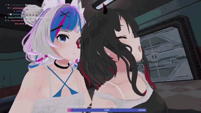 two anime girls are standing next to each other in a room and one of them has horns on her head