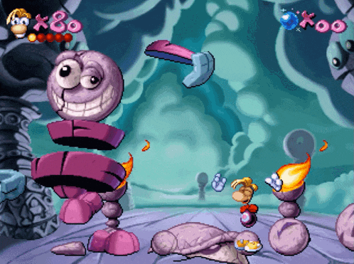 a video game screen shows a character named rayman and a purple object