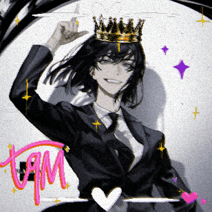 a girl in a suit and tie with a crown on her head with the letter m in the corner