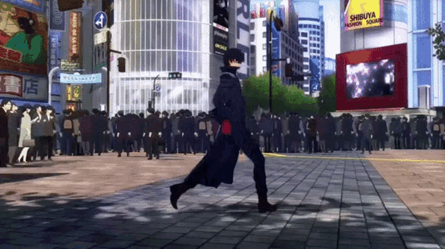 a man in a black coat is running through a crowded city street