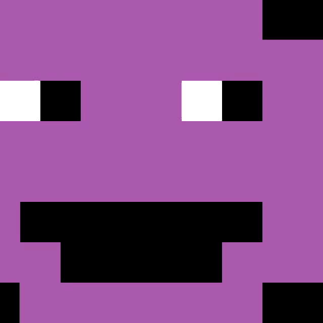 it looks like a purple face with a black mouth and white eyes .