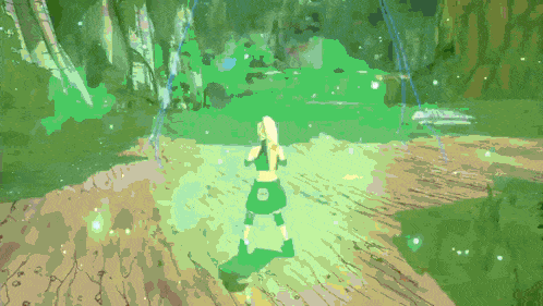 a girl in a green dress is standing in a green field