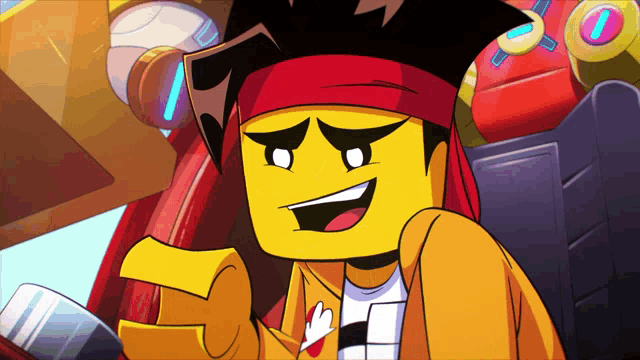 a cartoon drawing of a lego character with a red headband on