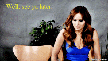 a woman in a blue top is sitting in a chair with the words well see ya later