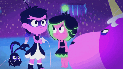 a couple of cartoon characters standing next to each other one of which is purple