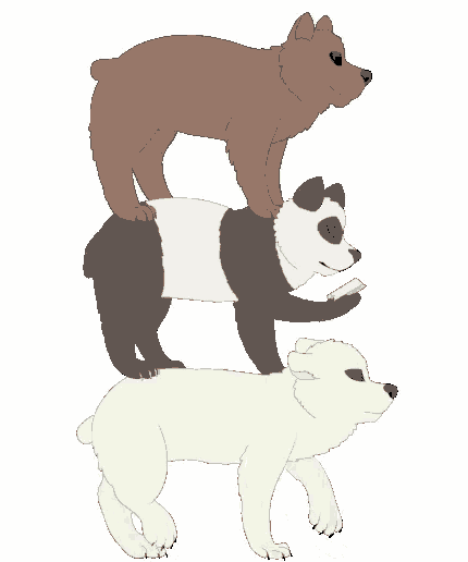 three bears are stacked on top of each other including a panda bear and a polar bear