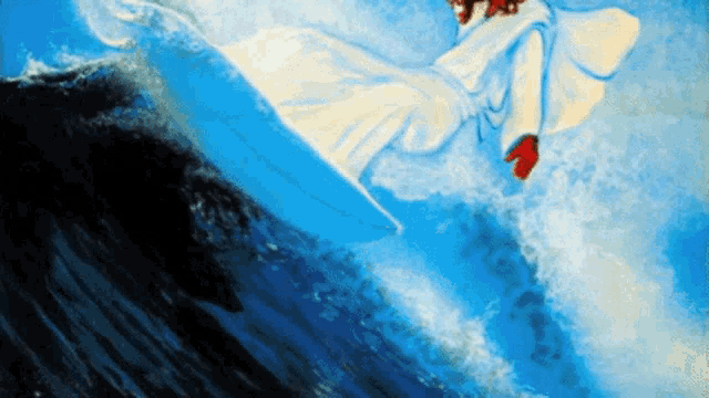 a painting of jesus riding a wave with a white robe