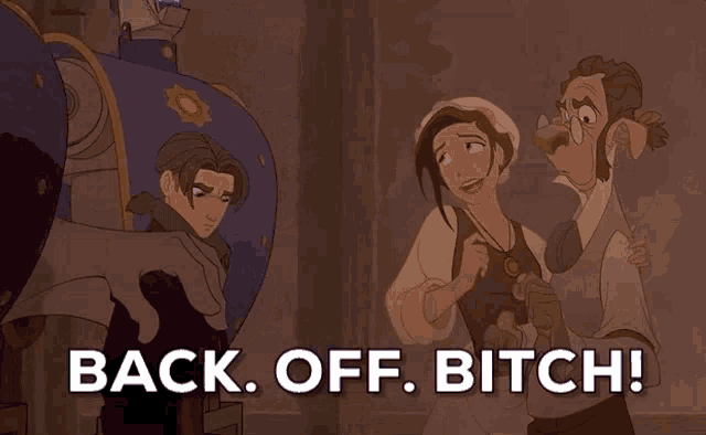 a cartoon scene with the words " back off bitch " on the bottom