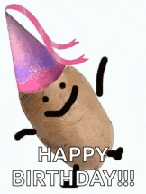 a potato wearing a party hat is saying `` happy birthday ! ''