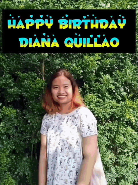 a woman is smiling in front of a sign that says happy birthday diana quiillao