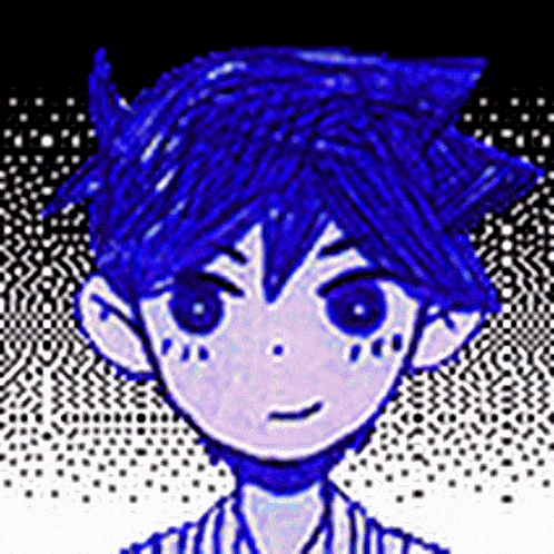 a pixel art drawing of a boy with blue hair and a striped shirt .