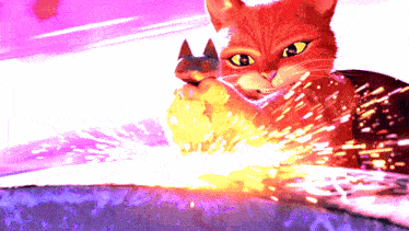 a cartoon cat with a purple background is holding a fireball