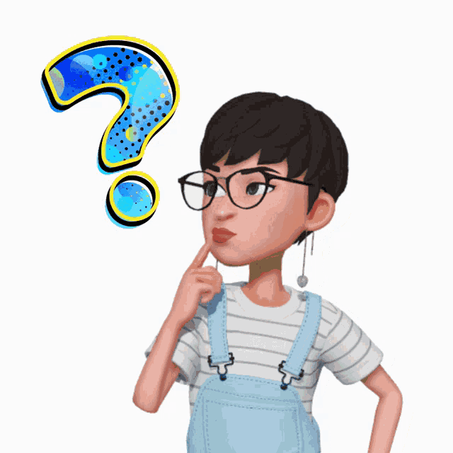 a girl with glasses is thinking with a question mark in the background