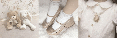 a teddy bear a pair of shoes and a necklace are shown