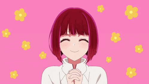 a girl with red hair and yellow flowers behind her