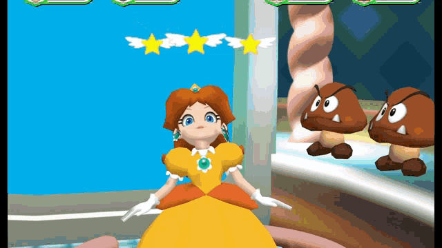a princess in a yellow dress is standing in front of a blue wall with three stars on it