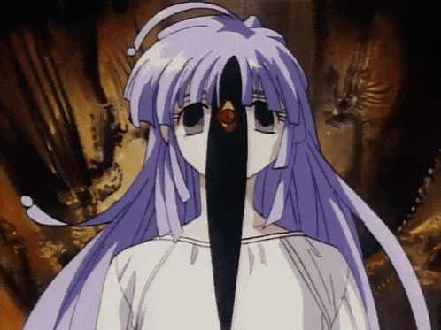 a girl with purple hair and a white shirt has a black object sticking out of her face .