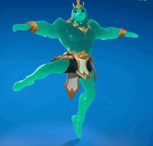 a green cartoon character with a heart on his chest is standing on a blue background .