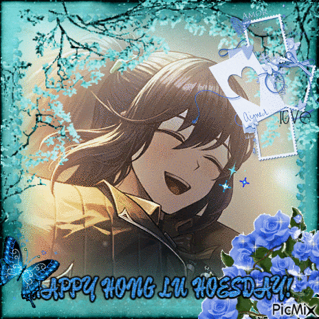 a picture of a girl with the words happy home lu hoesday on the bottom