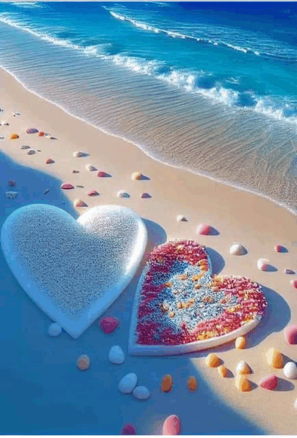 two hearts made out of sand on a beach