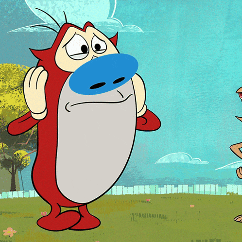 a cartoon character with a blue nose and a sad face