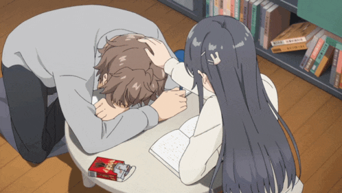 a girl petting a boy 's head in front of a bookshelf with foreign books on it