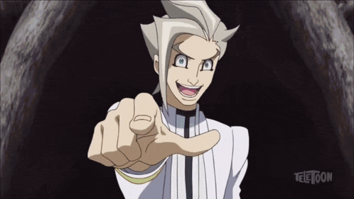 a cartoon character is pointing at the camera with teletoon written on the bottom right