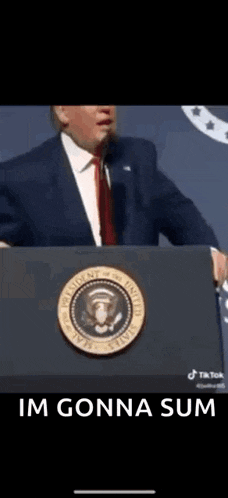 a man in a suit and tie is standing at a podium with the words `` im gonna sum '' below him .