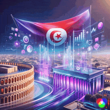 an illustration of a futuristic city with a flag flying over it