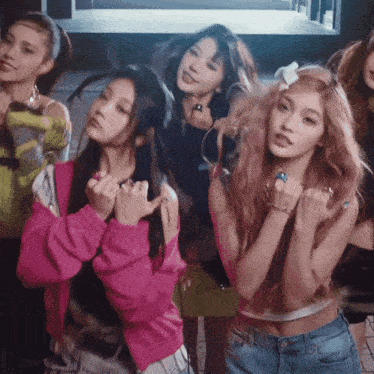 a group of girls are posing for a picture and one girl is wearing a pink jacket
