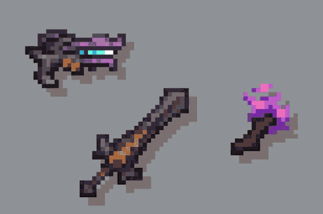 a pixel art of a gun and a sword on a grey background