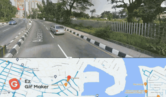 a car is driving down a road next to a google map