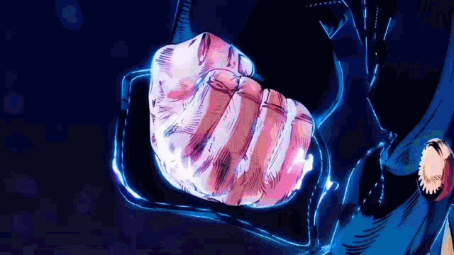 a close up of a person 's fist against a blue background .