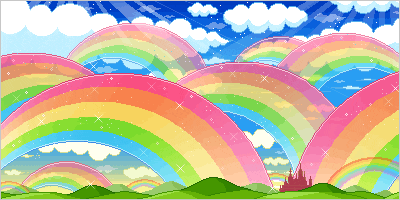 a pixel art landscape with rainbows and clouds