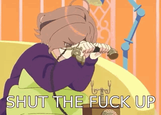 a cartoon of a girl covering her face while talking on a telephone with the caption shut the fuck up